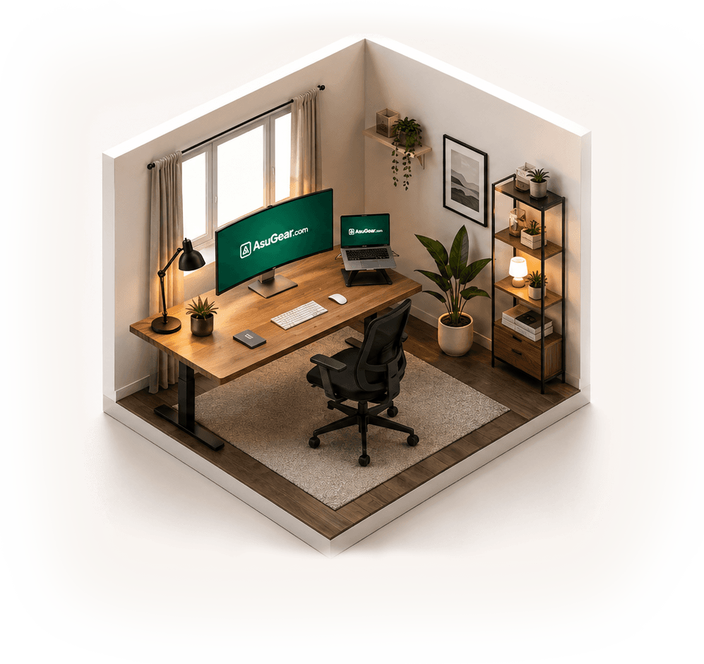 Isometric home office setup with desk, monitor, and chair