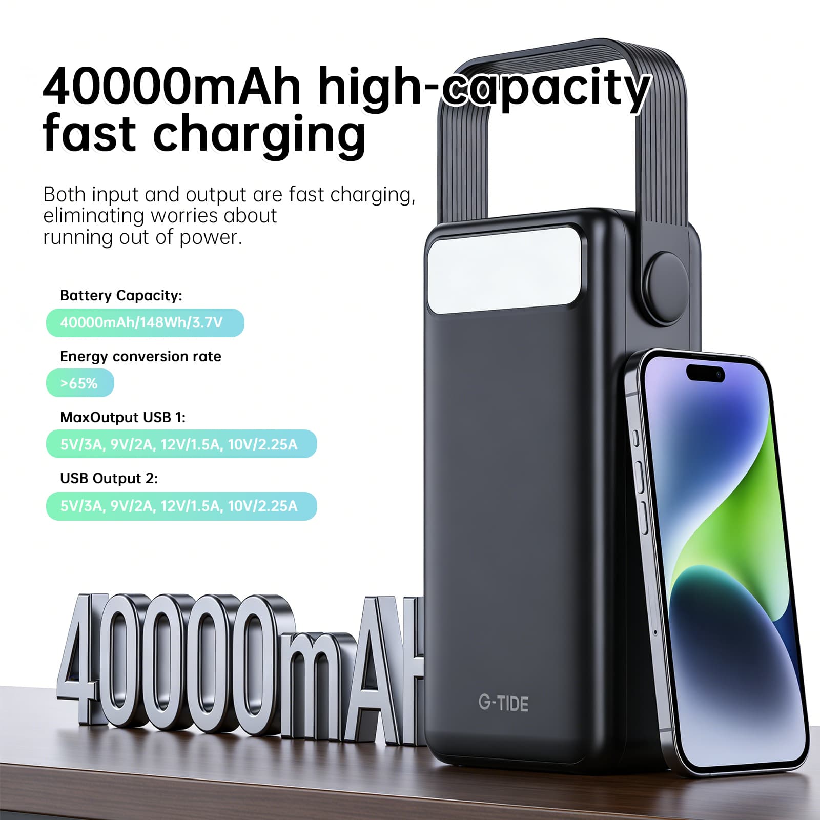 G-TiDE PowerOasis Powerbank 40.000 mAh 22,5 W mit Taschenlampe, Schwarz