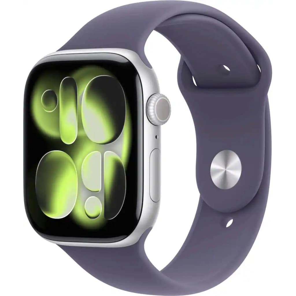 Apple Watch Series 11 GPS 46 mm, Gehäuse Aluminium Silber mit Sportarmband Purple Fog M/L (MEVA4LW/A)