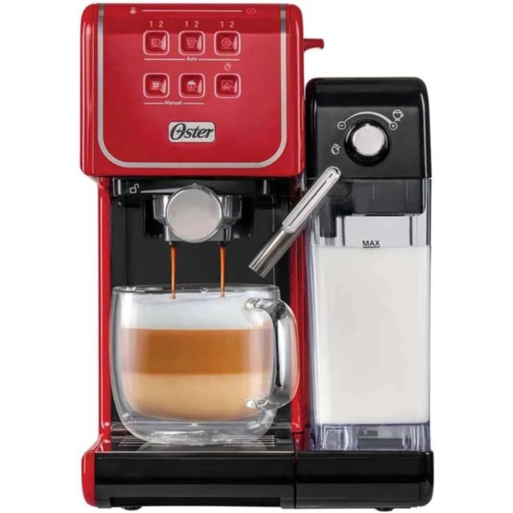 Cafetera espresso Oster PrimaLatte Touch, 19 bar, tanque de leche, roja