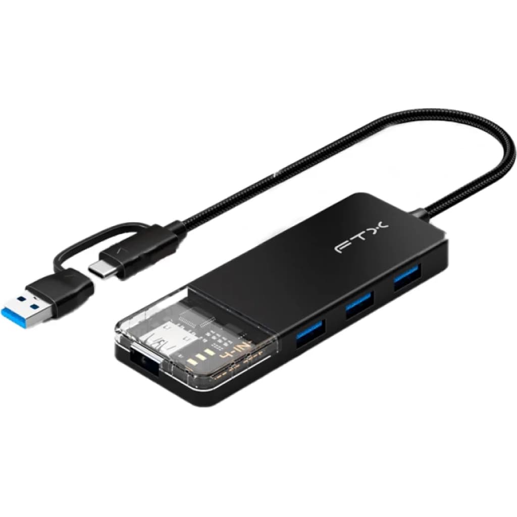 FTX 4-Port-USB-3.0-Hub mit USB-C-Stecker und USB-A-Adapter, 5 Gbit/s (FTX-HUBT3-PB)