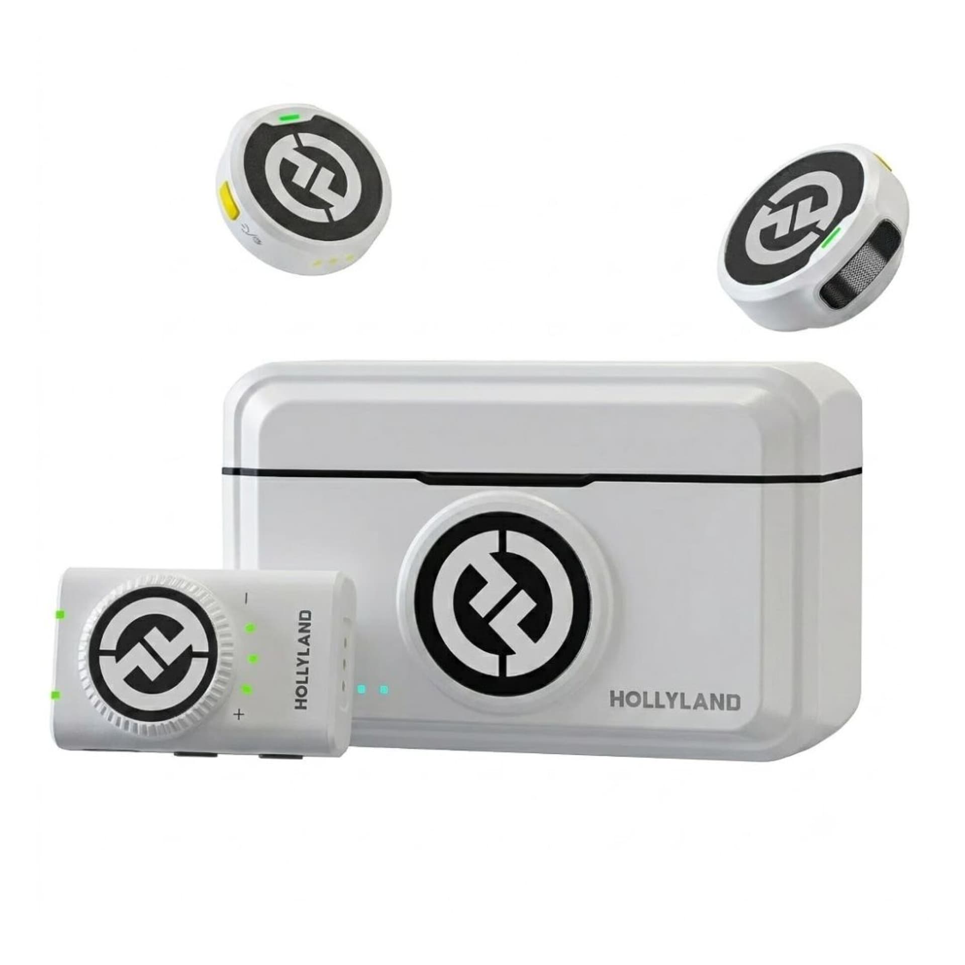 Microfone sem fio Hollyland Lark M2 Combo, 2 transmissores, USB-C, Lightning e câmera, branco