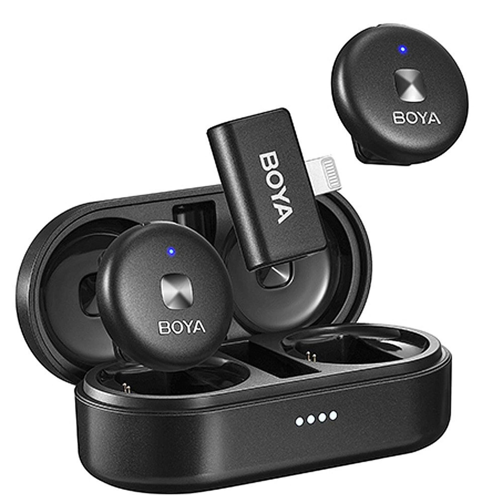 Microfone sem fio Boya Omic-D para iPhone Lightning, 2 transmissores e estojo de carregamento