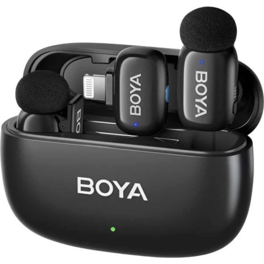 Microfone sem fio Boya Mini 15 para iPhone Lightning, 2 transmissores e estojo de carregamento, preto