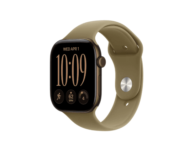 Reloj inteligente Apple Watch Series 12 (GPS), 42 mm, bronce oscuro / correa deportiva oliva, imagen 1 de 1
