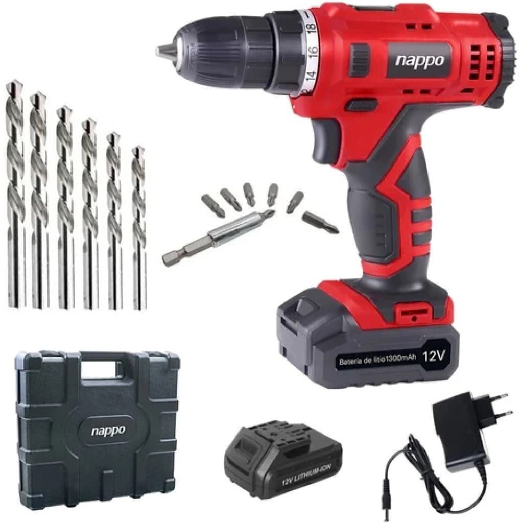 Kit taladro atornillador inalámbrico Nappo NHK-054 12 V con accesorios y maletín