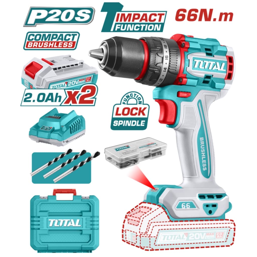 Taladro percutor a batería Total TIDLI20668 20 V brushless con 2 baterías y 47 accesorios
