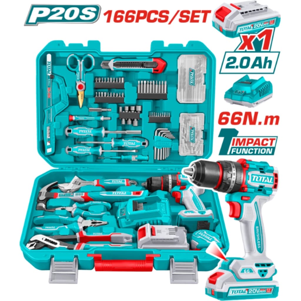 Kit Total THKTHP41667 taladro percutor a batería 20 V con juego de herramientas de 166 piezas