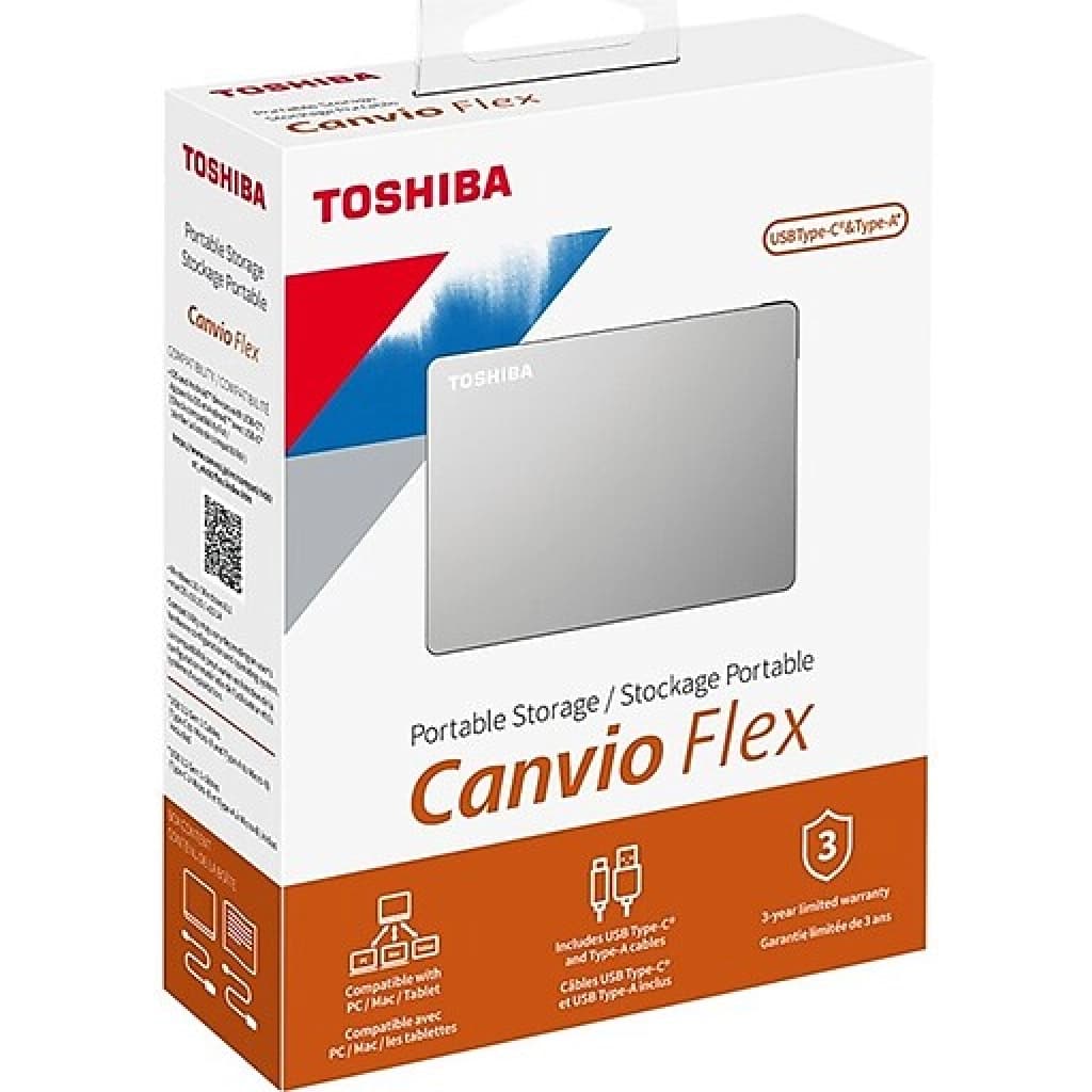 HD externo portátil Toshiba Canvio Flex 2 TB, USB-C / USB-A, prata