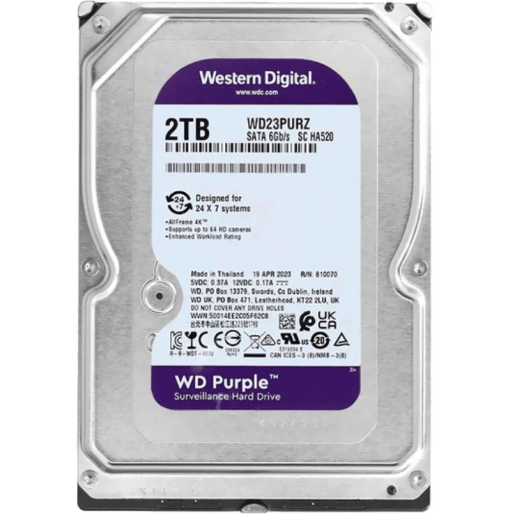 HD WD Purple de 2 TB, 3,5" SATA para videovigilância (WD23PURZ)