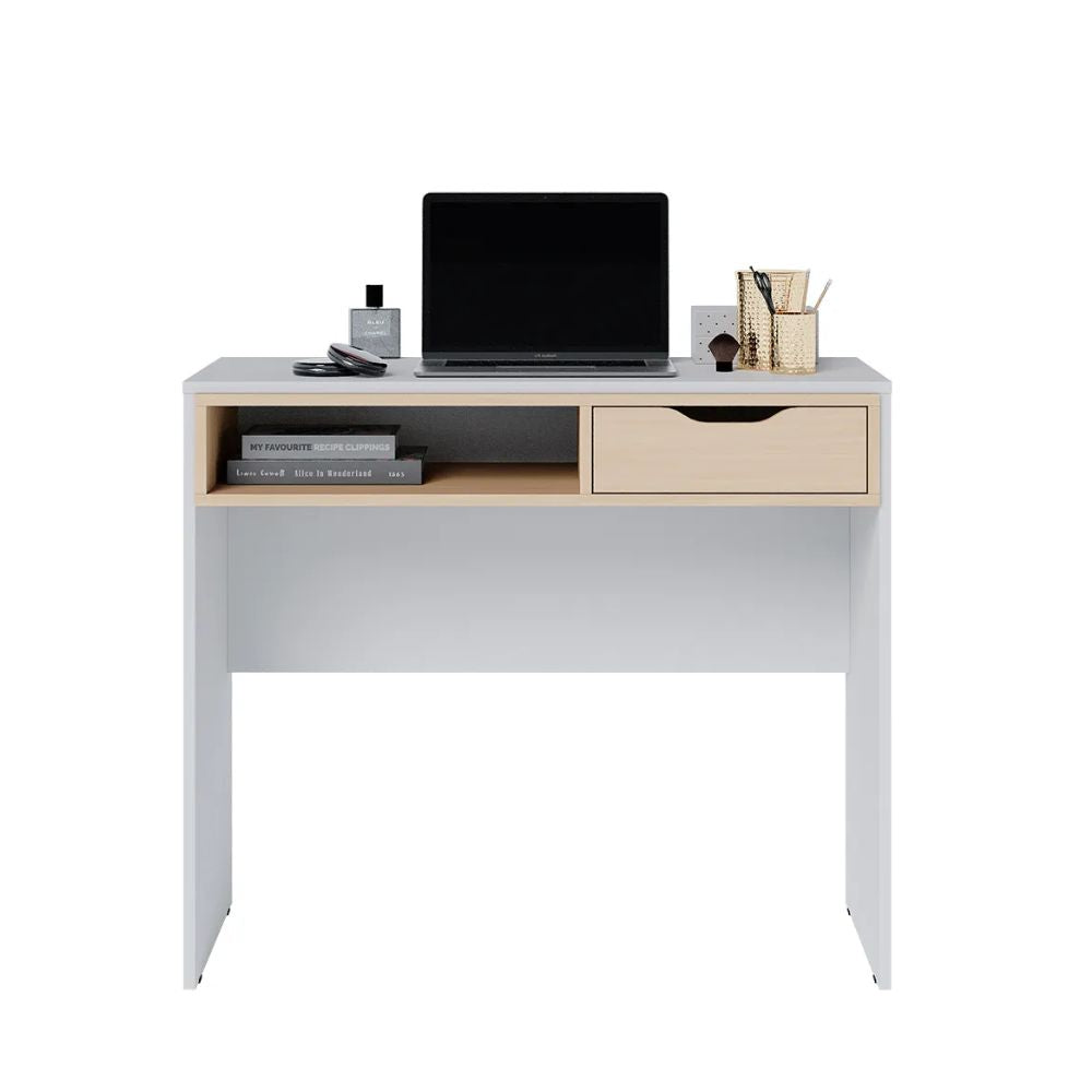 Escritorio compacto Colibri Bit con cajón, 90 cm, blanco y tauari