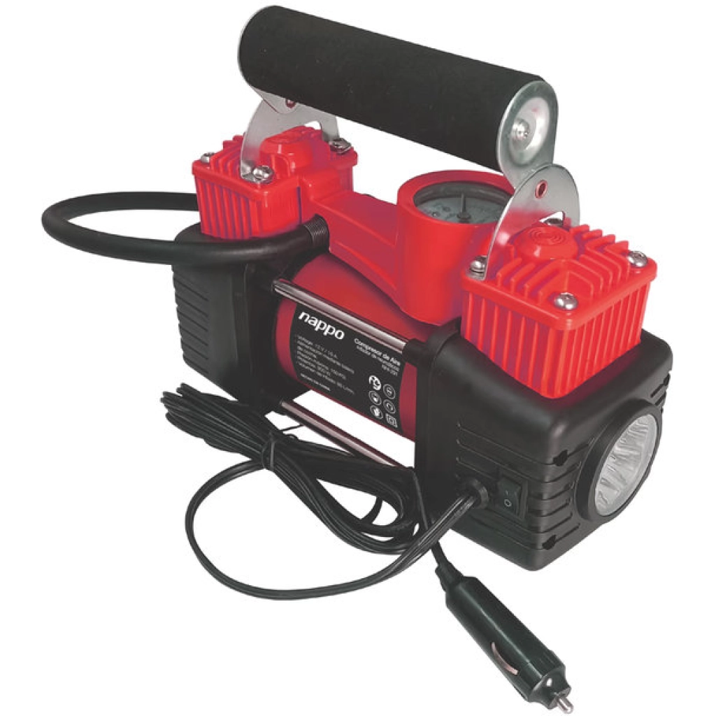 Inflador de cubiertas reforzado Nappo NHI-291 de 12 V con doble cilindro, 300 W, 150 PSI